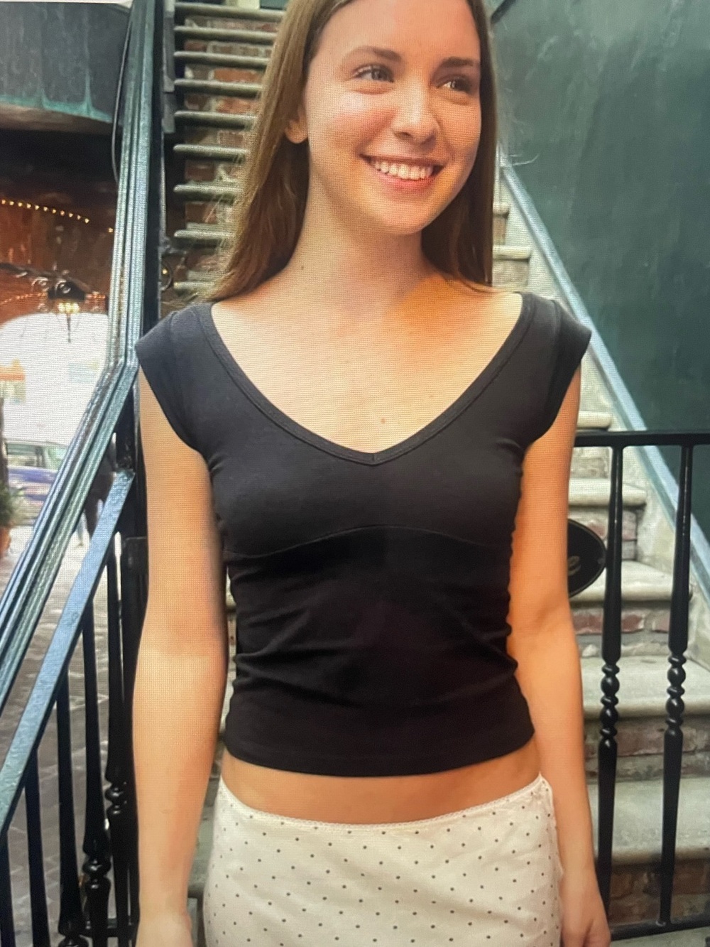 Brandy Melville Black Ribbed V-Neck Short Sleeve Top